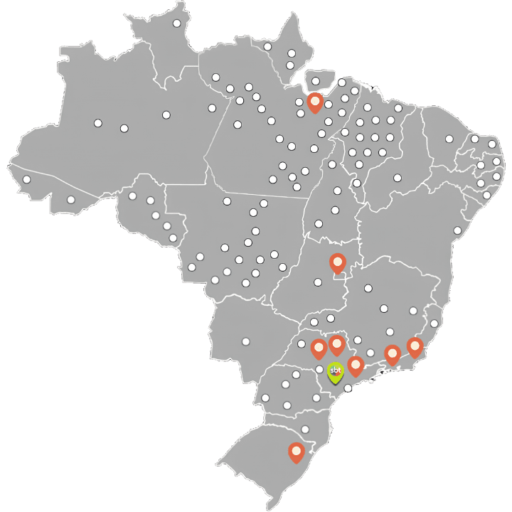 Mapa do Brasil com a localização das emissoras SBT: TV SBT São Paulo, 8 Regionais e 110 Afiliadas
